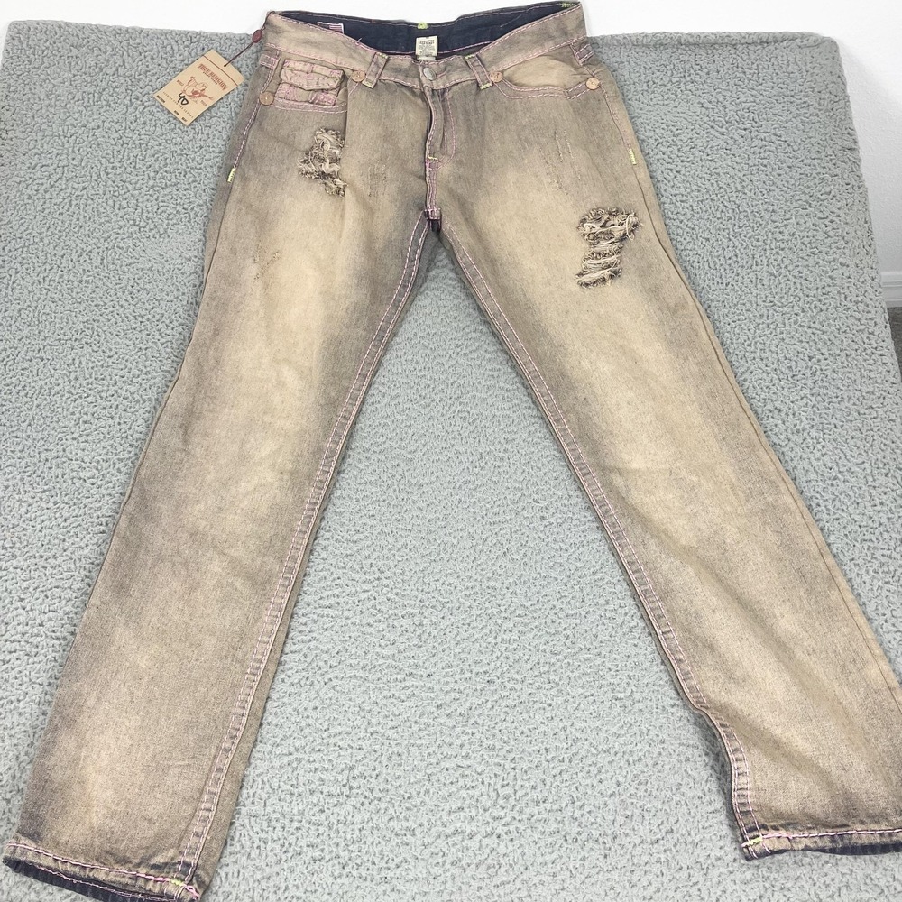 True Religion Ricky Jeans Mens 40x38 Distressed Relaxed Straight Denim Urban Cow